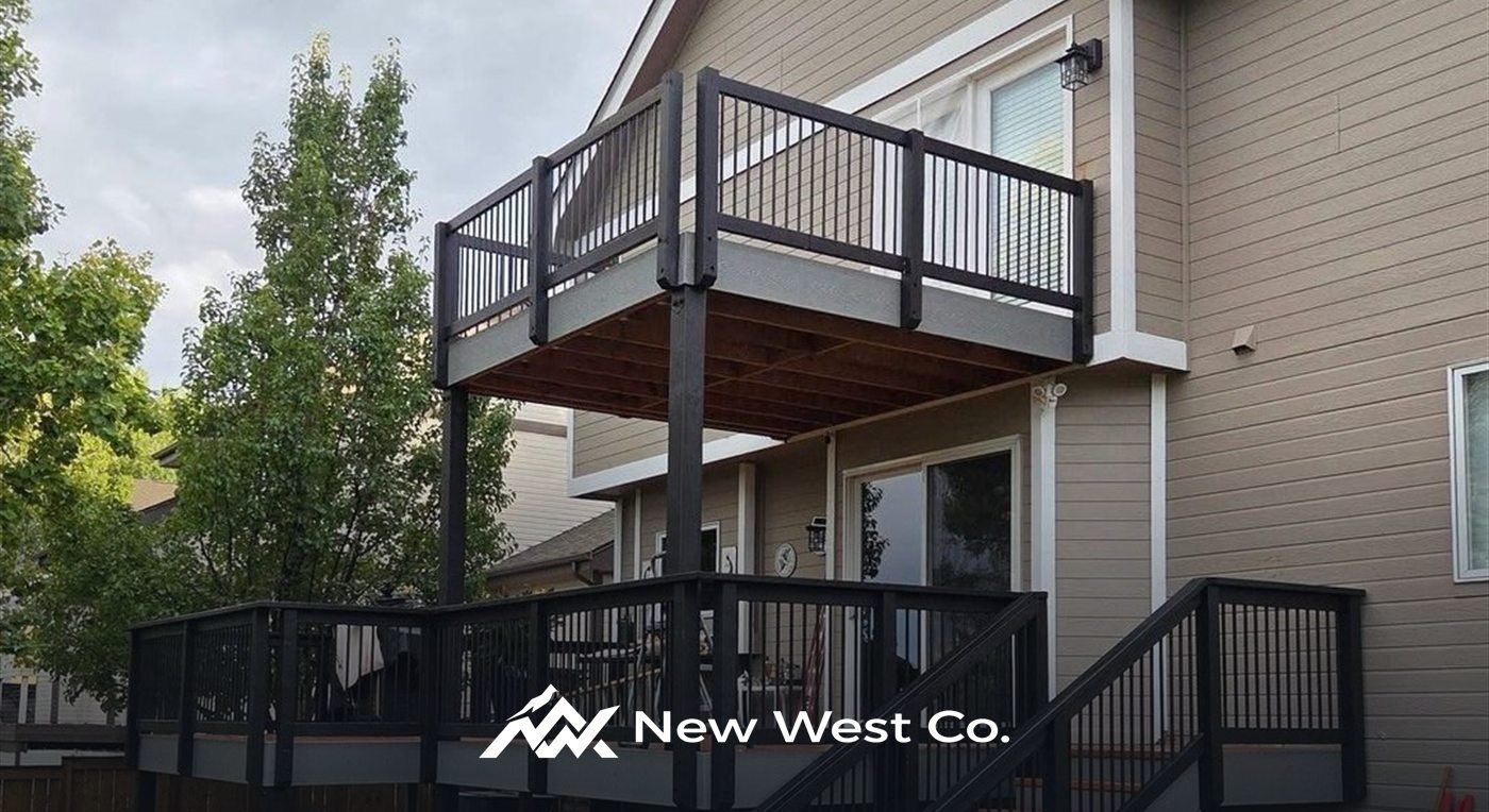 Two story deck with black railing and stairs, built by New West Co