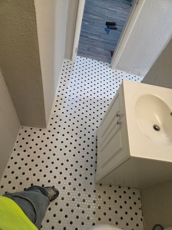 Hex tile bathroom floor, by New West Co