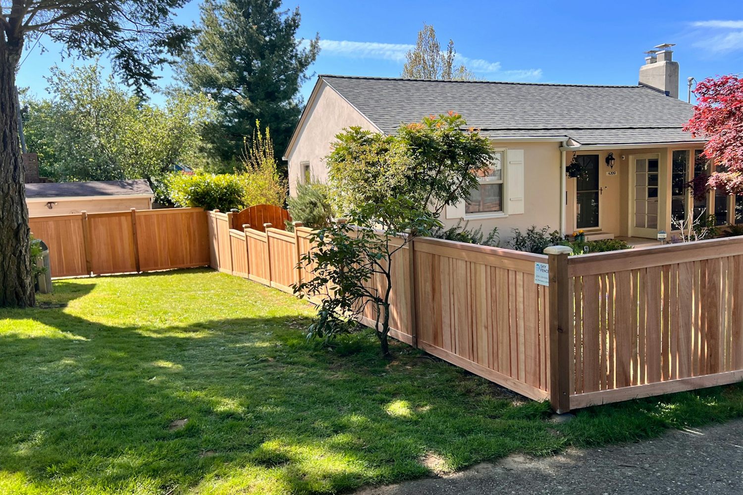 Cedar privacy fence around a backyard